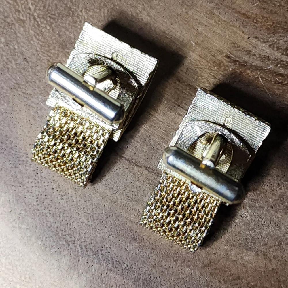 Vintage RARE Gold Tone Mesh Wrap Cufflinks Faux Topaz Citrine Colored Gemstones
